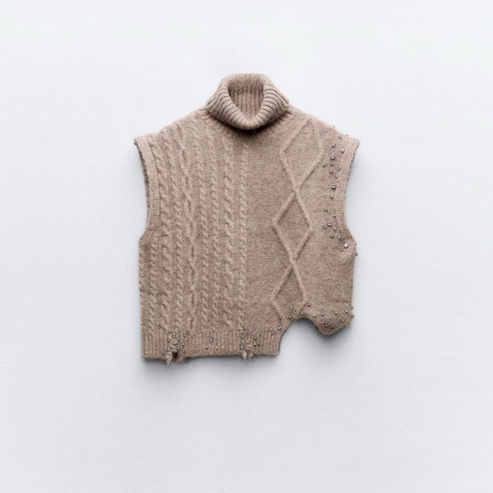 Zara Beige Knit Sleeveless Turtleneck Top